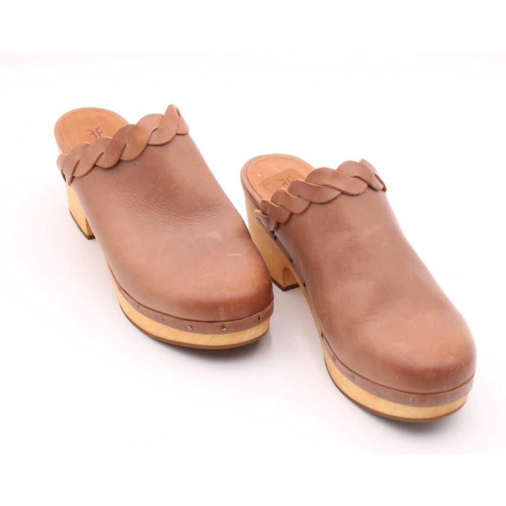 Frye Women's Mille Braid Leather Mule Heeled Clogs Tobacco Brown Sz 6.5